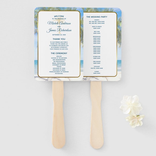 Tropical Gold Palm Tree Beach Photo Wedding Hand Fan (Front and Back)