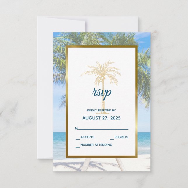 Tropical Gold Palm Tree Beach Photo Wedding RSVP Card (Front)