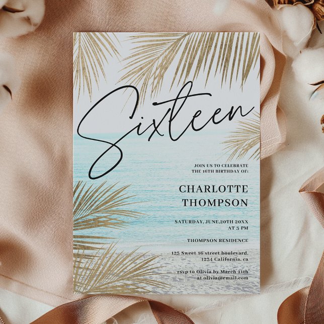 Tropical gold palm tree beach script Sweet 16 Invitation (Tropical gold palm tree beach script Sweet 16 Invitation)
