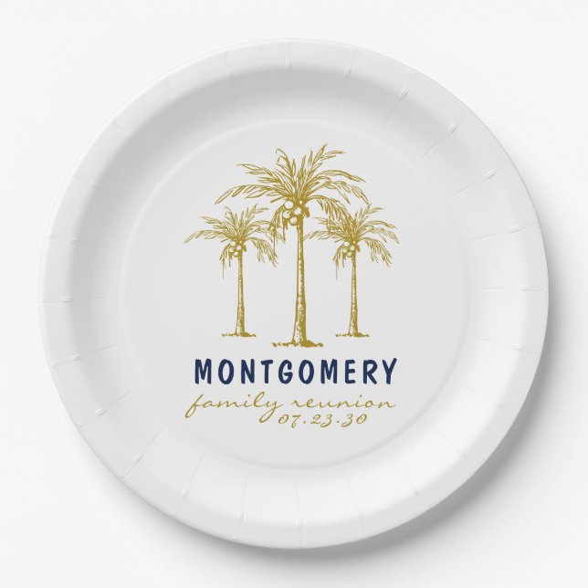 Tropical Gold Palm Trees Custom Family Reunion Paper Plate (Front)