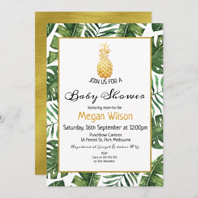 Tropical Gold Pineapple Baby Shower Invitation (Front/Back)