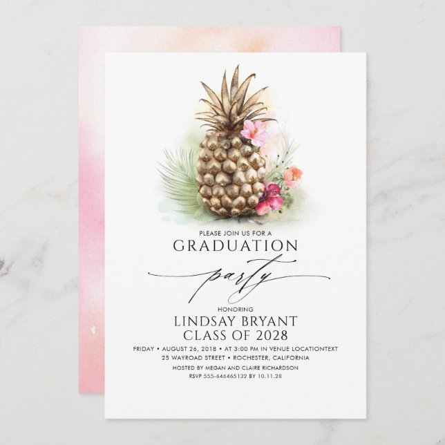 Tropical Gold Pineapple Beach Floral Graduation Invitation (Front/Back)