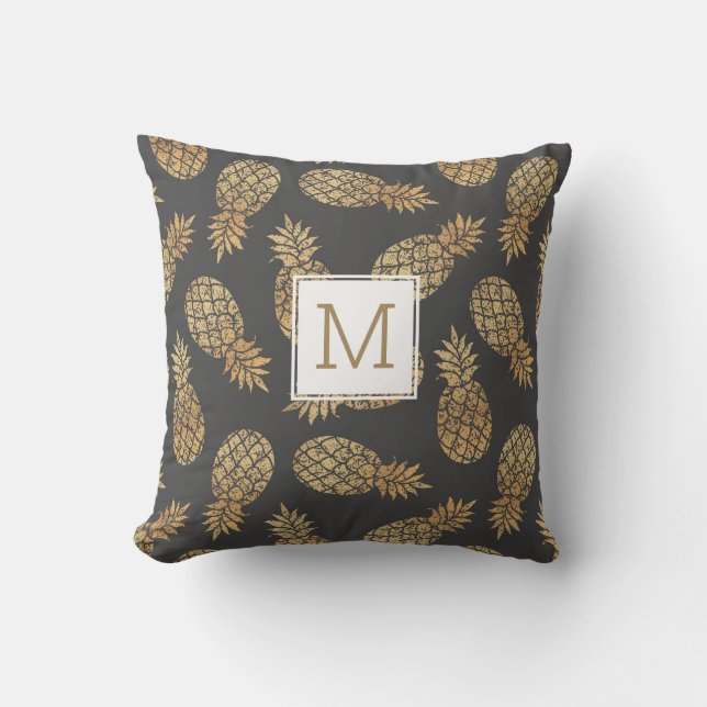 Tropical Gold Pineapple Custom Monogram Initial Cushion (Front)