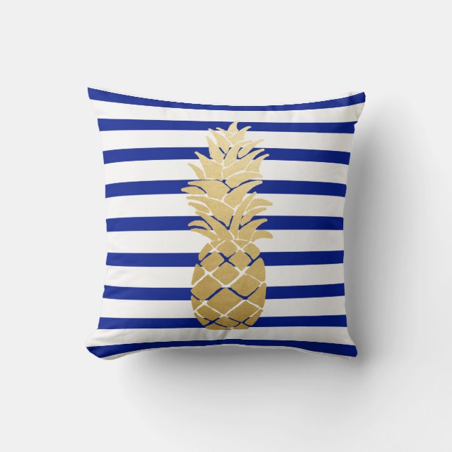 Tropical Gold Pineapple Navy Blue Stripes Pattern Cushion (Front)