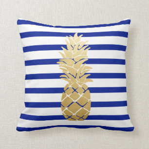 Tropical Gold Pineapple Navy Blue Stripes Pattern Cushion
