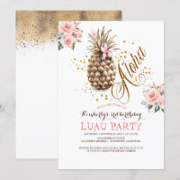 Tropical Gold Pineapple Pink Floral Luau Birthday