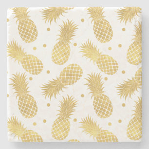 Tropical Gold Pineapples and Confetti Dots Stone Coaster