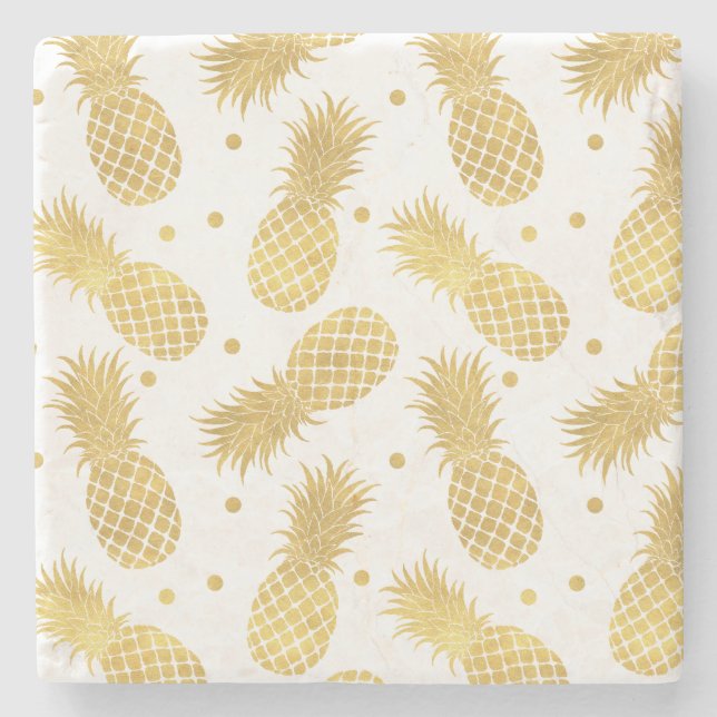 Tropical Gold Pineapples and Confetti Dots Stone Coaster (Front)