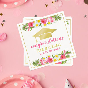 Tropical Gold Pink Floral Congratulations Graduate Napkin