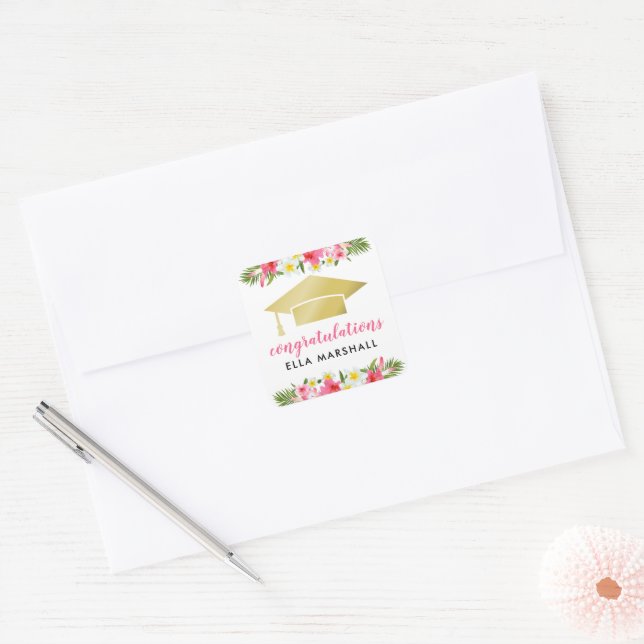 Tropical Gold Pink Floral Congratulations Graduate Square Sticker (Envelope)