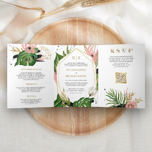 Tropical Gold Pink Floral QR Code Wedding Tri-Fold Invitation