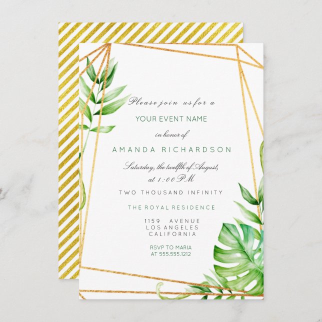 Tropical Gold Poligonal Frame Stripes Lines Green Invitation (Front/Back)