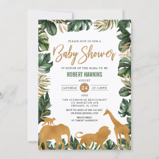 Tropical  Gold Safari Animals Jungle Baby Shower Invitation