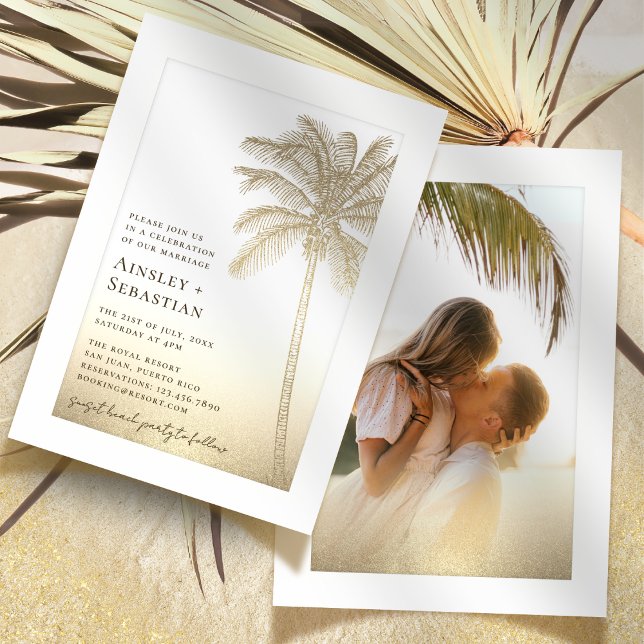 Tropical Gold Sand Palm Tree Boho Photo Wedding Invitation (Creator Uploaded)