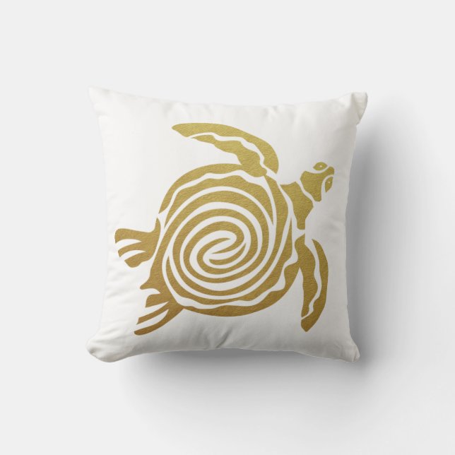 Tropical Gold Turtle Hawaii Modern White Cushion (Front)