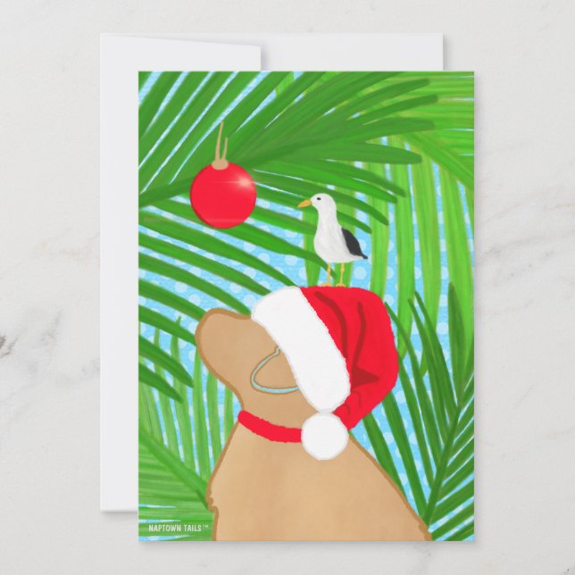 Tropical Golden Dog Santa Seagull Christmas Flat Holiday Card (Front)