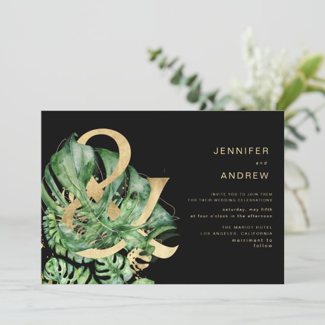 Tropical Golden Foliage Ampersand Wedding Invitation (Standing Front)