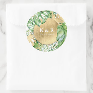 Tropical Golden Foliage Wedding Monogram Classic Round Sticker
