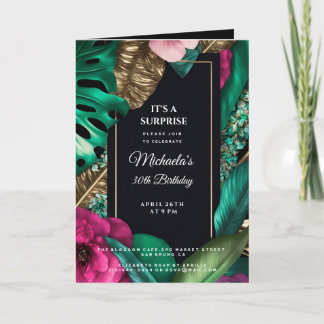 Tropical golden leaves flowers surprise birthday invitation