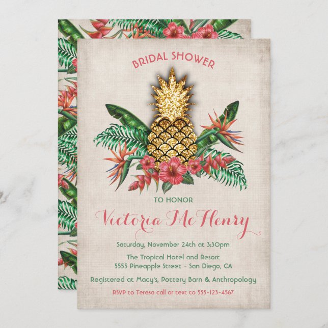 Tropical Golden Pineapple Bridal Shower Invitation (Front/Back)