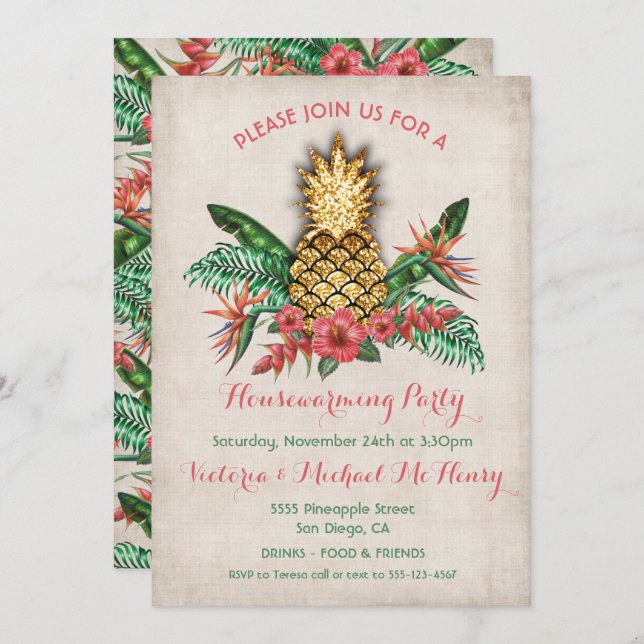 Tropical Golden Pineapple Housewarming Party Invitation (Front/Back)