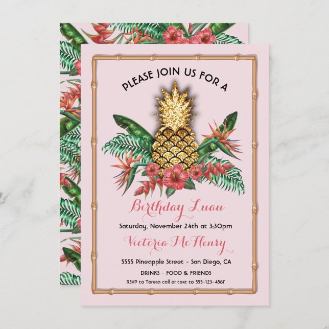 Tropical Golden Pineapple Luau Party Invitation (Front/Back)