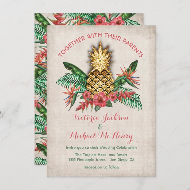 Tropical Golden Pineapple Wedding Invitation (Front/Back)