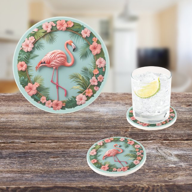 Tropical Grace Balancing Flamingo Round Sandstone Coaster (Creator Uploaded)