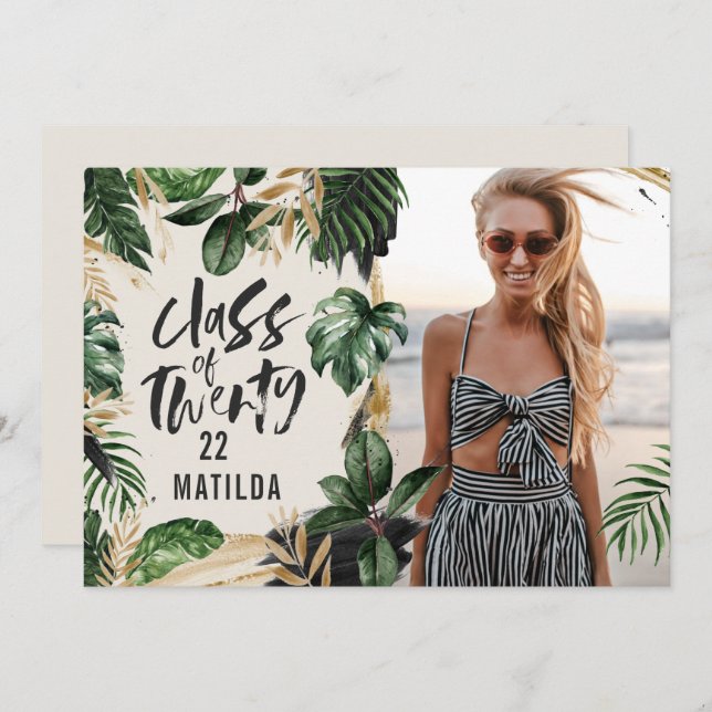 Tropical graduation class of 2022 modern photo invitation (Front/Back)