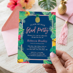 Tropical Graduation Party Navy Blue Gold Pineapple Invitation