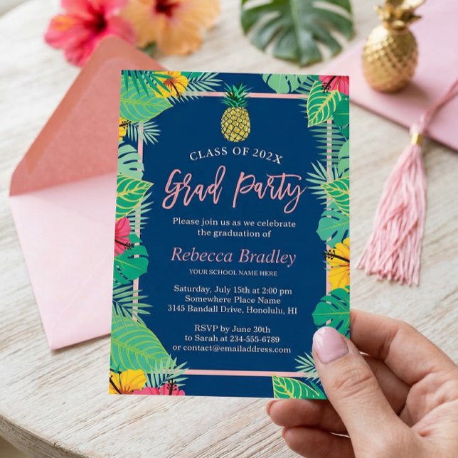 Tropical Graduation Party Navy Blue Gold Pineapple Invitation (Creator Uploaded)
