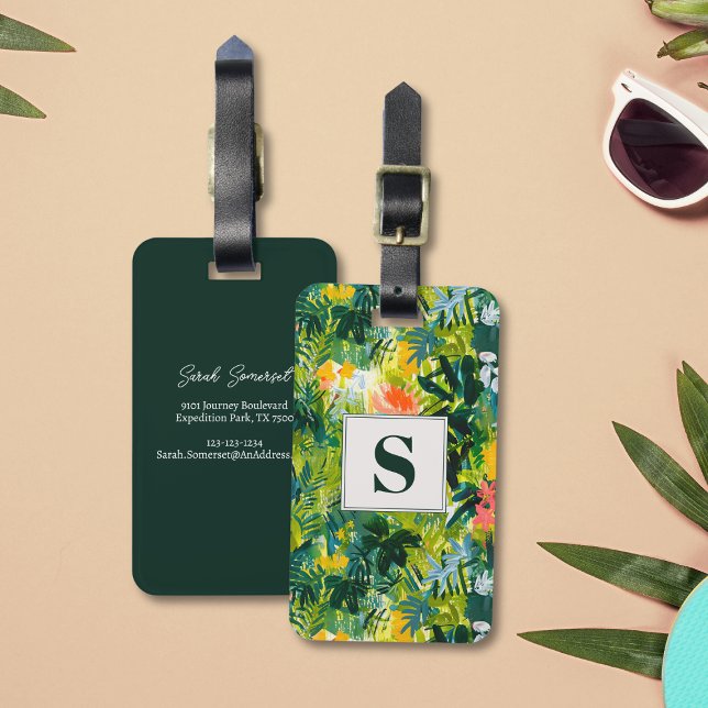 Tropical Green Abstract Botanical Monogrammed Luggage Tag (Monogrammed abstract floral luggage tag)