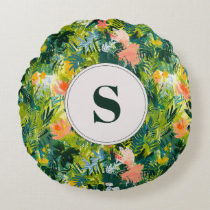 Tropical Green Abstract Botanical Monogrammed Round Cushion