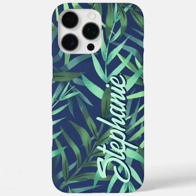 Tropical Green And Blue Leaves Custom Name Case-Mate iPhone Case (Back)