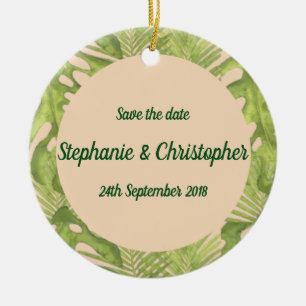 Tropical Green and Blush Wedding Ceramic Ornament