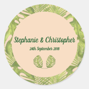 Tropical Green and Blush Wedding Classic Round Sticker