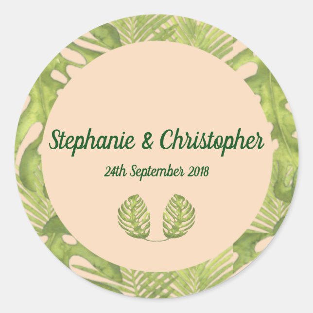 Tropical Green and Blush Wedding Classic Round Sticker (Front)