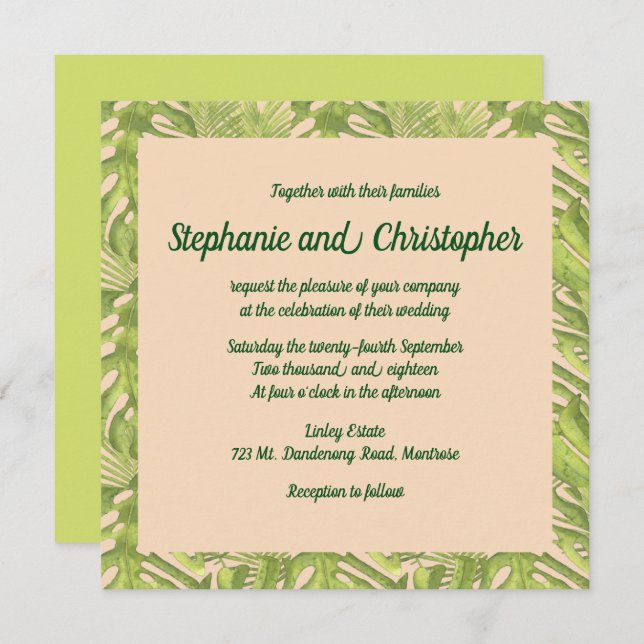 Tropical Green and Blush Wedding Invitation (Front/Back)