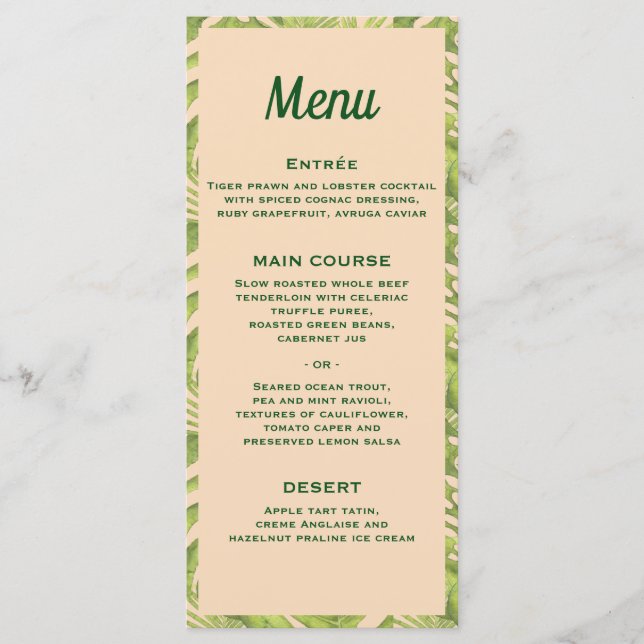 Tropical Green and Blush Wedding Menu (Front)