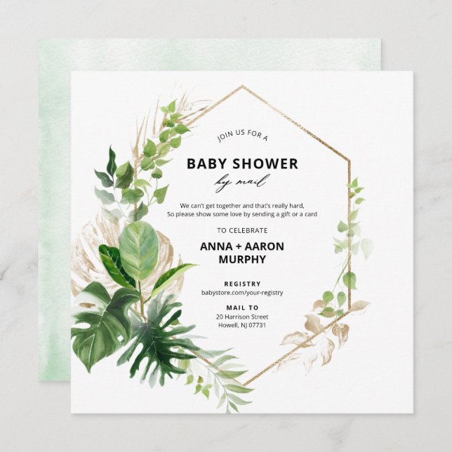 Tropical Green and Gold Frame Baby Shower by Mail Invitation (Front/Back)