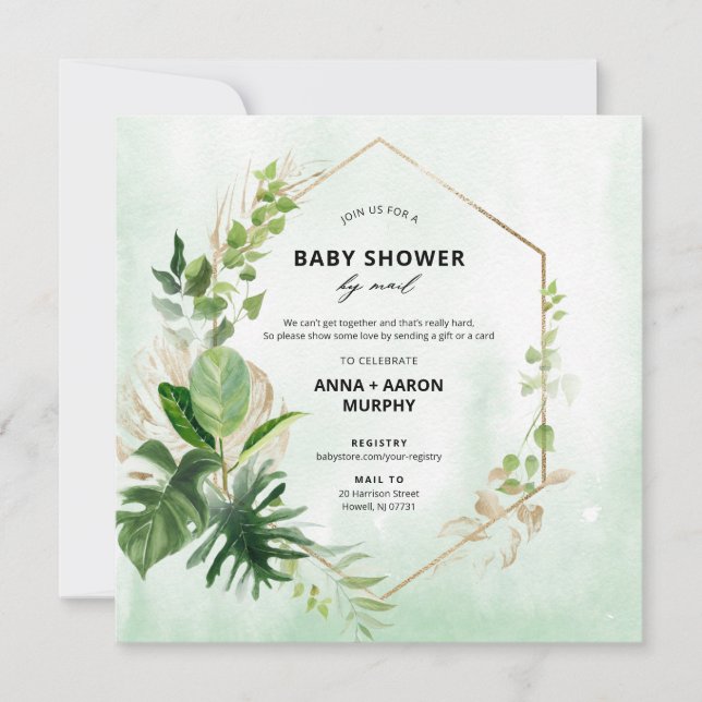 Tropical Green and Gold Frame Baby Shower by Mail  Invitation (Front)