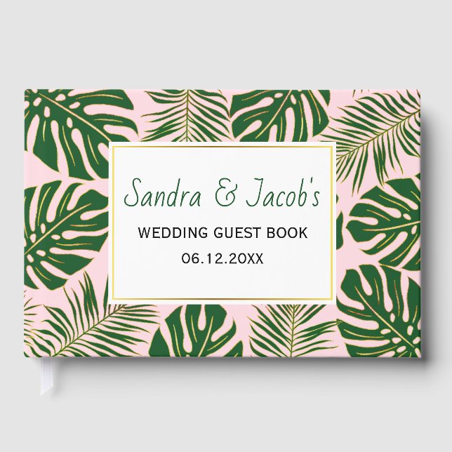 Tropical green and gold leaves blush pink wedding guest book (Front)