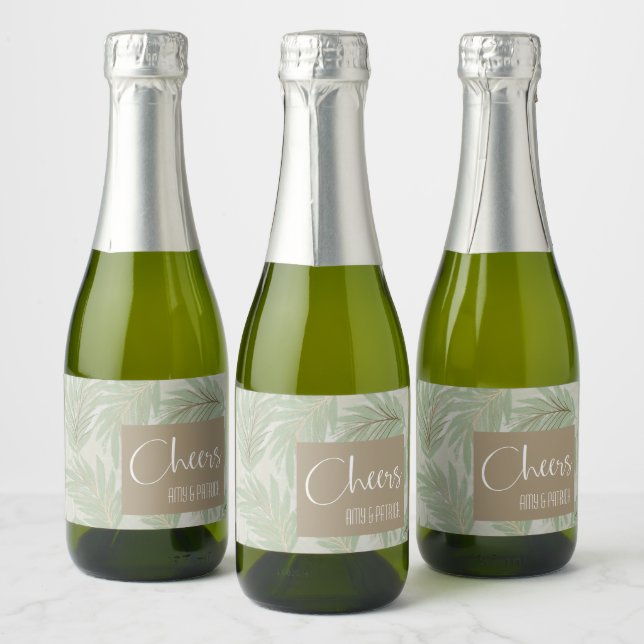 Tropical Green and Gold Leaves on Sage Mini Sparkling Wine Label (Bottles)