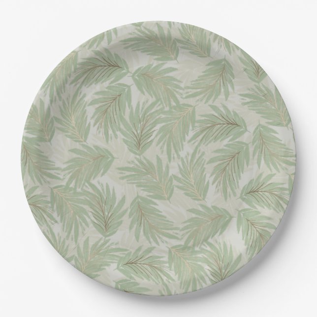 Tropical Green and Gold Leaves on Sage Paper Plate (Front)