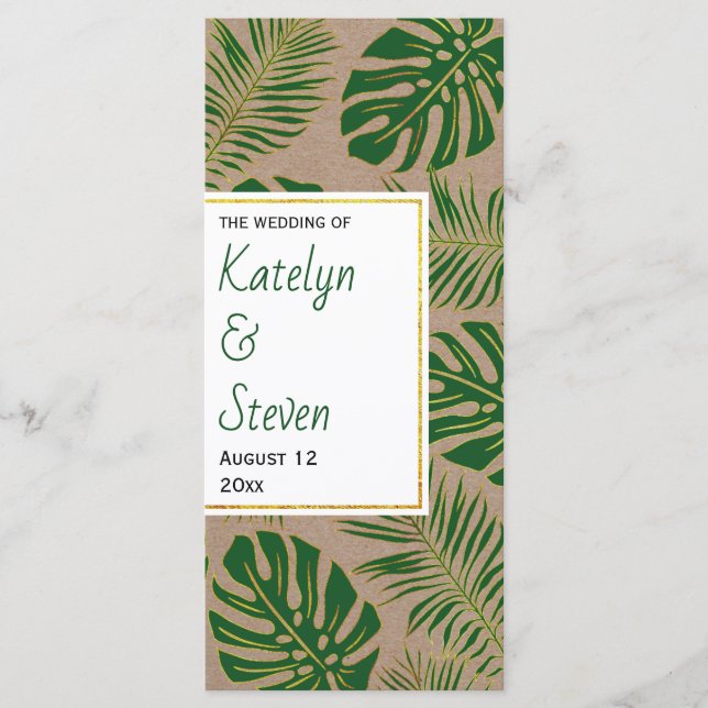 Tropical green and gold rustic wedding program (Front)