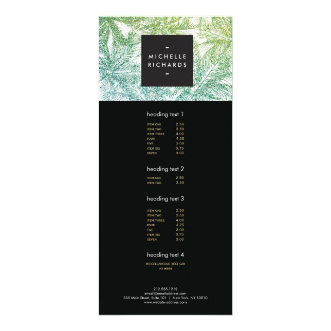 Tropical Green/Aqua Glitter Palms Rack Card (Front)