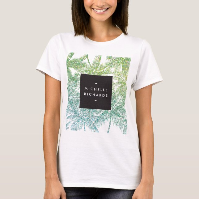 Tropical Green/Aqua Glitter Palms T-Shirt (Front)