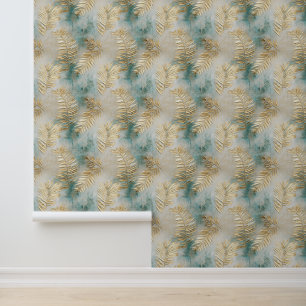 Tropical Green Aqua Gold Leaves Wallpaper