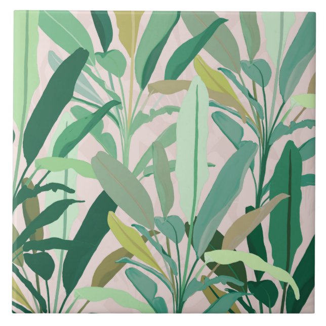 Tropical Green Banana Leaves Pink Pattern Ceramic Tile (Front)