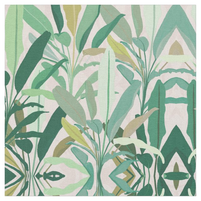 Tropical Green Banana Leaves Pink Pattern Fabric (Close Up)
